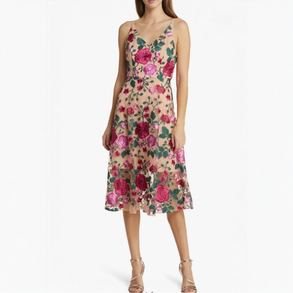 SAM EDELMAN Floral Embroidered Mesh Midi Dress Nude Pink Magenta Women's Sz 10
